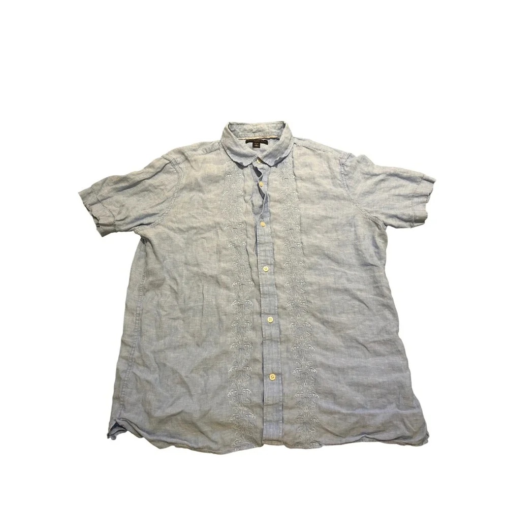 Banana Republic Classic Mens Linen‎ Embroidered Short Sleeve Button Up Shirt L